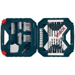 Bosch 65-piece drilling and driving set, featuring a variety of drill bits and driver bits, designed for versatility in a range of drilling and fastening tasks.