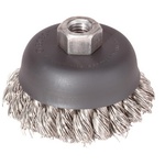 Bosch WB511 6-inch wheel diameter carbon steel knotted wire cup brush with a 5/8 inch-11 arbor, designed for heavy-duty cleaning and surface preparation.