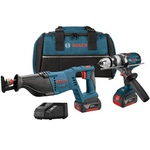 Bosch CLPK204-181 18V 2-tool combo kit featuring a socket-ready impact driver and reciprocating saw, including two batteries, charger, and contractor bag for convenient storage and transport.