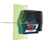 Bosch GCL100-80CG 100-foot 12V Max connected green-beam cross-line laser, including a 2.0 Ah 12V lithium-ion battery, charger, magnetic rotating mount, heavy-duty pouch, hard carrying case, and accessories.