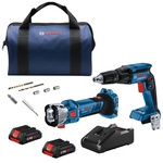 Bosch GXL18V-291B25 18V 2-tool combo kit, featuring a brushless screwgun and brushless cut-out tool, including two CORE18V® 4 Ah advanced power batteries for enhanced performance.