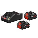 Bosch GXS18V-13N24 18V starter kit, including two CORE18V® 8 Ah high power batteries and one 18V 16 Amp battery turbo charger, designed for efficient power management in Bosch tools.